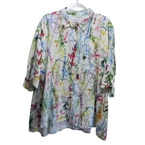 Grizas 100% Linen Artsy Watercolor Lagenlook Button Up Top Tunic Women 2XL Color